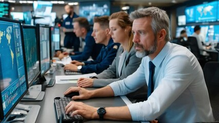 Team of security experts monitoring computer screens