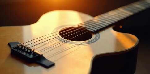 Fototapeta premium Sunlit guitar, open notebook, music notes visible, still life, flatlay, pencil