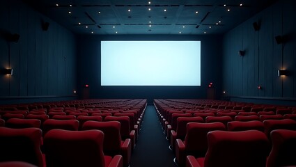 Fototapeta premium Empty Cinema Hall with Red Seats and Large Blank Screen Movie Theater Interior Background