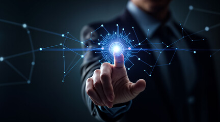 Fototapeta premium Businessman Interacting with Futuristic AI Interface – Holographic Circuit Technology Concept