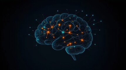 Obraz premium A digital illustration of a human brain, rendered in a wireframe style with orange and blue lines connecting the brain cells.