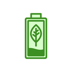 A green battery with a leaf on it. The battery is full and ready to be used. The leaf symbolizes nature and the battery represents energy