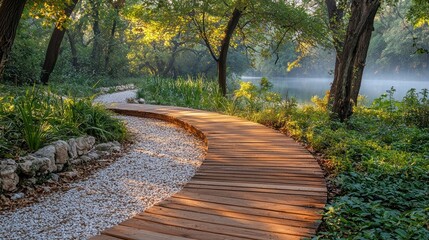 Serene morning walk along wooden path by misty lake in lush green park