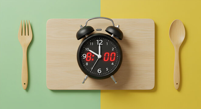 Alarm Clock Displaying Eight O Clock with Wooden Fork and Spoon on Split Green Yellow Background