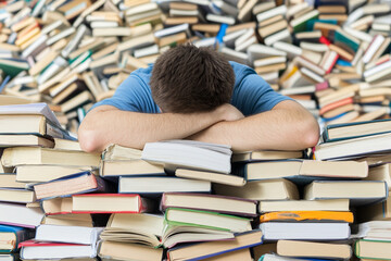 Navigating chaos of work and study life amidst towering stacks of books