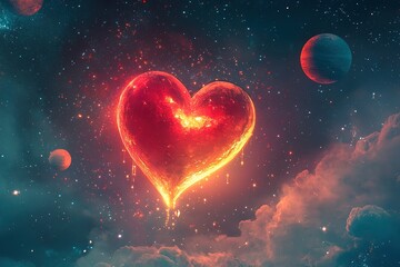 Obraz premium Celestial Heart: Glowing Heart in Cosmic Sky among Planets and Starry Sky