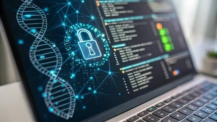 A laptop displaying a digital representation of a lock, DNA strands, and network connections, symbolizing cybersecurity and data protection. - Powered by Adobe