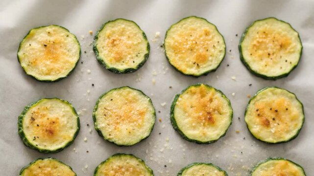 Baked zucchini rounds topped with cheese and seasoning, arranged in a neat pattern on parchment paper.