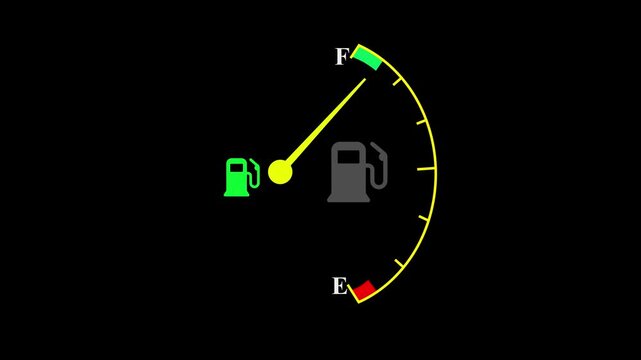 Fuel gauge. Animation of fuel gauge , modern stylish speed meter. semi-circular meter, black background, gas pump symbol, full tank indicator,