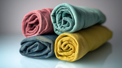 Four pairs of rolled-up denim pants stacked vertically, dyed in dusty rose, teal green