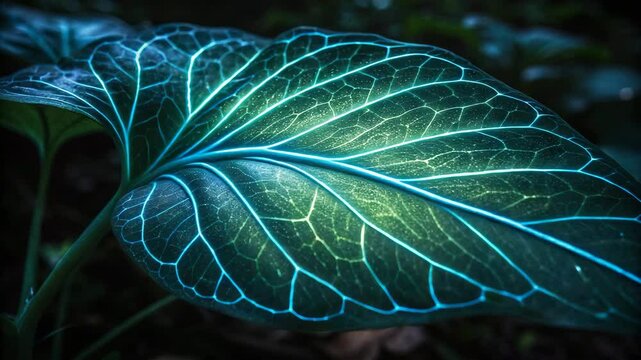A close-up of a vibrant green leaf featuring intricate veins illuminated in blue, set against a dark background.