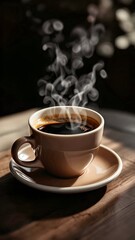 Fototapeta premium coffee, hot, drink, steam, black, morning, breakfast, cafe, restaurant, beverage, aroma, espresso, caffeine, cup, mug, table, wood, sunlight, warm, cozy, relaxing, break, refreshment, brown, dark, woo