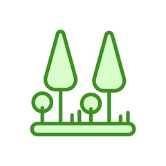 Two trees are shown in a green field. The trees are tall and leafy, and they are positioned close to each other. Concept of tranquility and natural beauty, as the trees stand tall