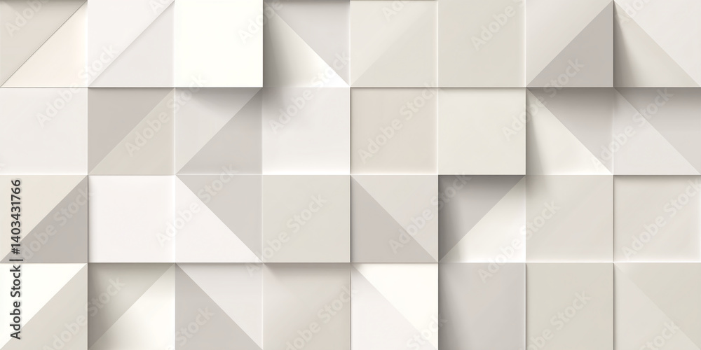 Poster Abstract geometric pattern of off-white and white squares and triangles creating a three-dimensional effect, showcasing a modern and minimalist design ideal for background use
