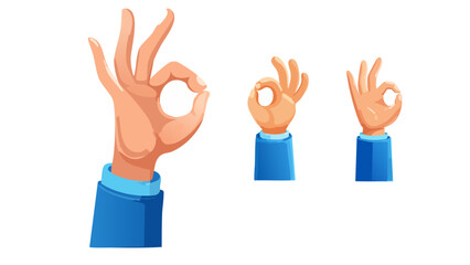 Fototapeta premium Ok sign icon, okay gesture. Hand with blue sleeve and simple hand shows ok sign. Cartoon plastic style icon