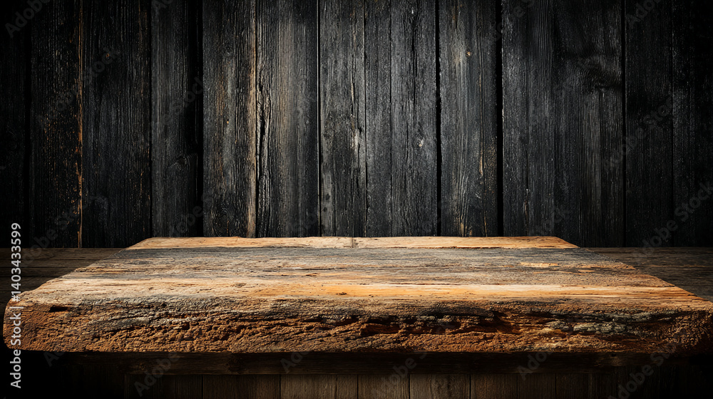 Poster rustic wooden tabletop against dark wood background, showcasing a blank space ideal for product disp