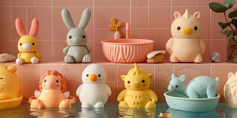 brightly hued baby bath items and décor depicting lovely animal forms for an amusing and appealing bath time fun over a funny setting and space, Generative AI.
