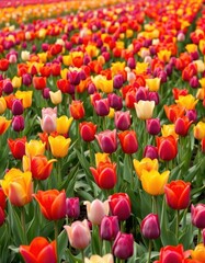 Vibrant field of tulips in full bloom, showcasing a rainbow of colors, beautiful, springtime, red