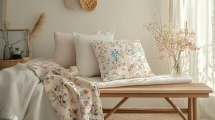 A spring-inspired bedroom with pastel linen cushions and a lightweight floral throw placed elegantly over a natural wooden bench