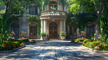 Luxury mansion with a grand entrance, featuring a circular driveway, stone facade, and large double doors for a majestic appeal