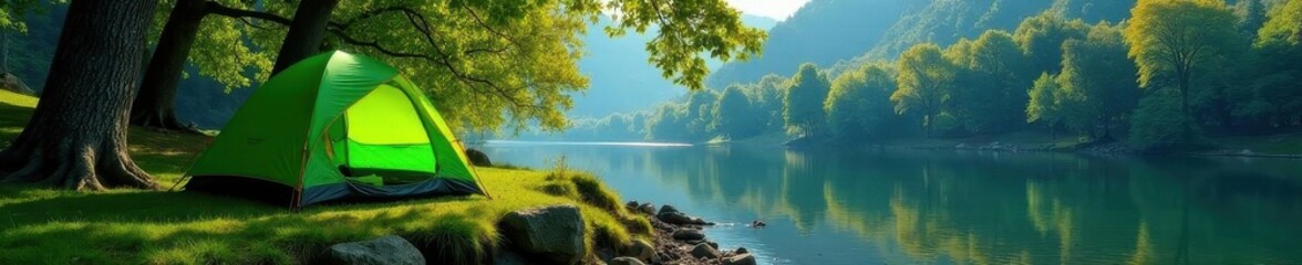 Green tent nestled amongst trees near riverbank, cabin, backpacking