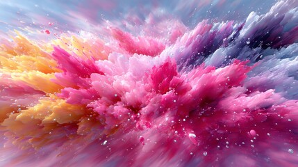 Abstract colorful explosion of pink, purple, yellow, and white powder, dynamic motion, vibrant hues, textured background