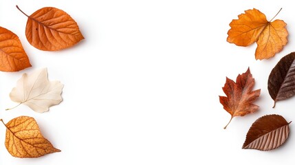 Fototapeta premium Autumn leaves in brown, gold, and beige shades arranged on a white background, creating a frame.