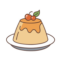 Delicious caramel custard pudding dessert with cherries vector illustration for food blog and menu design