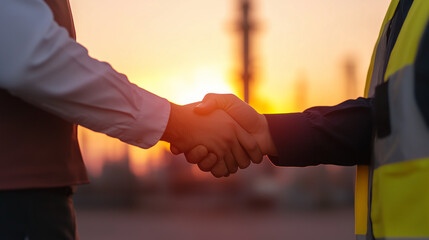 Engineer and businessman shaking hands after a successful collaboration, focus on partnership, selective focus, corporate synergy, dynamic, silhouette