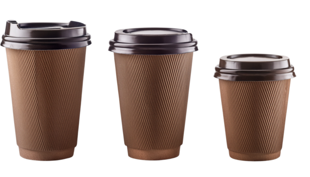 Three disposable coffee cups of varying sizes, featuring a textured surface and dark lids.