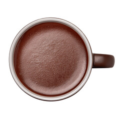 A top view of a coffee mug filled with a rich brown beverage, showcasing its smooth surface and rounded rim.