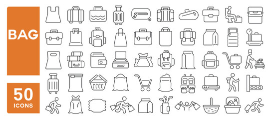 Set of 50 line icons related to bag, luggage, travel bag, shopping, briefcase, suitcase, baggage, pack, case, carry, school bag, Editable stroke. Vector illustration