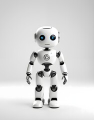 Fototapeta premium Cute Humanoid Robot Standing on White Background - Futuristic AI Assistant Character in Glossy White Armor