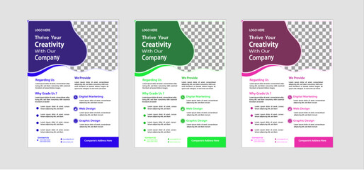 A bundle of 3 templates of different colors a4 flyer template, modern business flyer template,  Business abstract vector template. Brochure design, cover modern layout, annual report, poster.