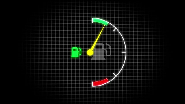 Neon fuel gauge, digital display, glowing icons, retro video game aesthetic, green and red indicators, black grid background, electric car interface, futuristic dashboard