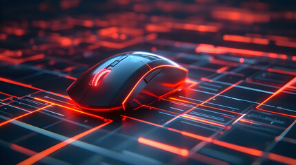 Futuristic illuminated gaming mouse resting on abstract neon circuit board