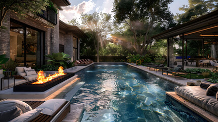 Luxury pool with an outdoor fire pit, combining warmth and water elements, perfect for evening relaxation