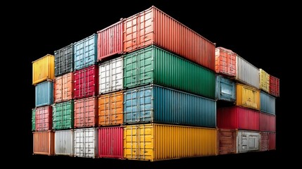 Fototapeta premium Colorful stack of shipping containers against a black background. Various colors and sizes create a visually interesting structure.