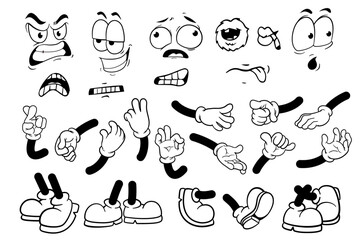Retro Cartoon Character Expression Pack with Face, Mouth, Hands and Feet Poses Vector. Comic groovy hands in gloves. Can adjust length