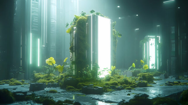 Futuristic botanical environment with neon structures and flourishing vegetation - Powered by Adobe