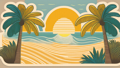 Obraz premium boho groovy palm tree beach sun sea stickers surf club vacation and sunny summer day aesthetic illustration background in trendy retro naive simple style pastel yellow blue braun colors