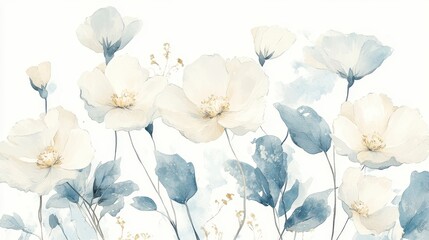 Watercolor painting of delicate, light blue and cream colored flowers with soft, muted tones and a white background.