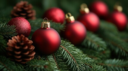 Obraz premium Christmas Ornament Closeup: Festive Red Baubles on Evergreen Branches