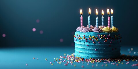 Brightly decorated birthday cake with candles lit, surrounded by colorful sprinkles on a blue background