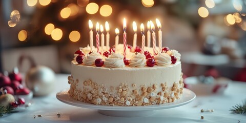 Delicious birthday cake with candles and cherries on a festive table setting during a celebration