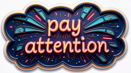 Colorful cloud-shaped sign with glowing text "Pay Attention".