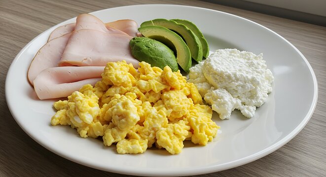 Plate of Scrambled Eggs with Ham, Avocado, and Cottage Cheese