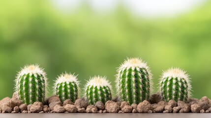 Fototapeta premium Five small cacti in a row against a blurred green background. Brown soil is visible around the base of the plants.