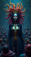 Fototapeta premium Halloween witch in the dark with red hair like a snake