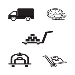 Set of 5 outline delivery and with floral transport, shipment silhouette editable vector isolated 